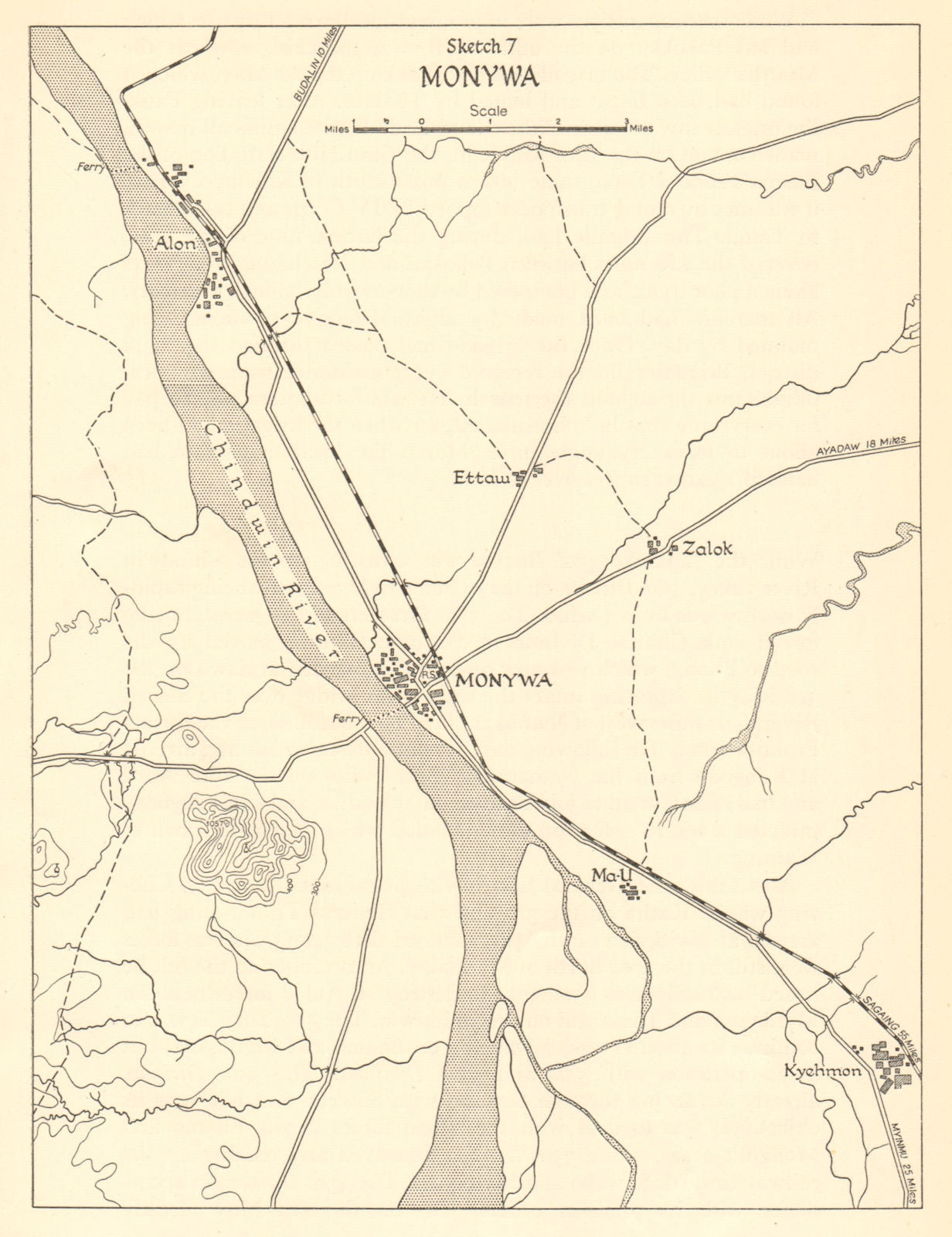 Monywa 1942. Japanese conquest of Burma. World War 2 1961 old vintage map